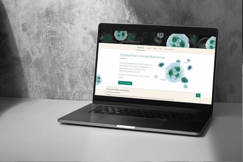 Laptop displaying Fylnetra website with green and white graphics, on a desk.