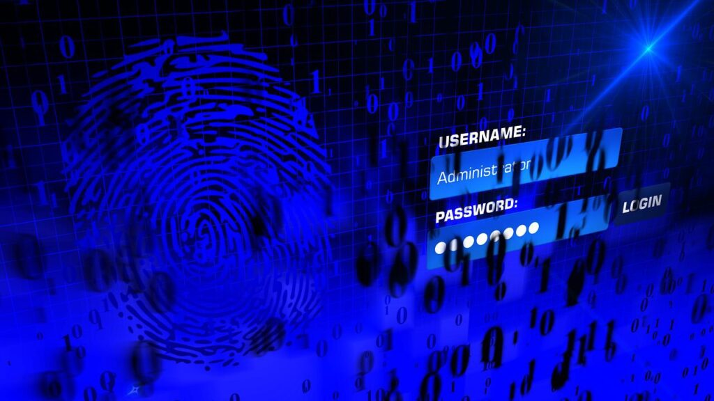 Digital fingerprint with login fields, blue tones, binary code, and "LOGIN" text.