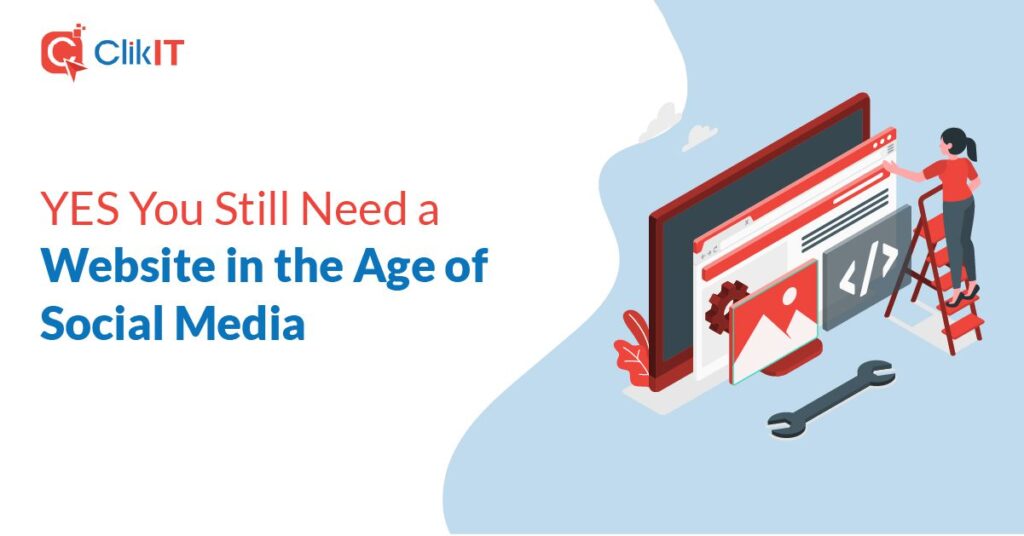 Illustration of a person building a website, featuring ClikIT logo, red-blue text.