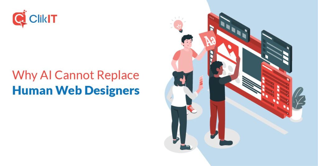 Illustration of designers collaborating on red web interface, featuring "ClikIT" logo.