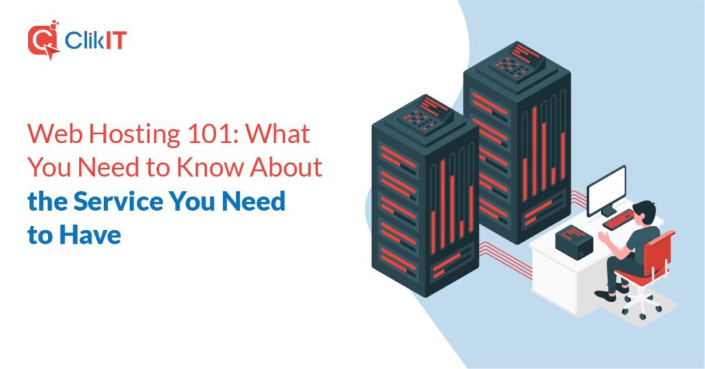 Illustration of person at desk with servers, featuring ClikIT logo and text.