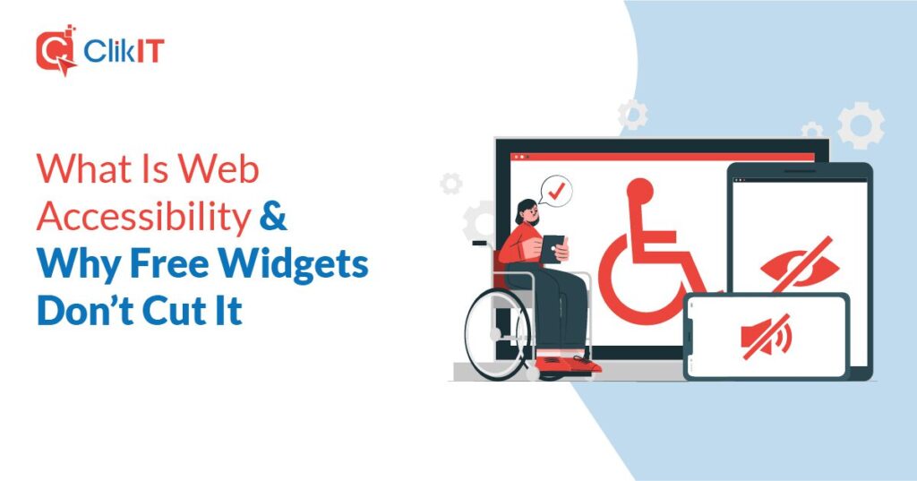 Illustration of person in wheelchair with devices, red icons, Clik IT logo.