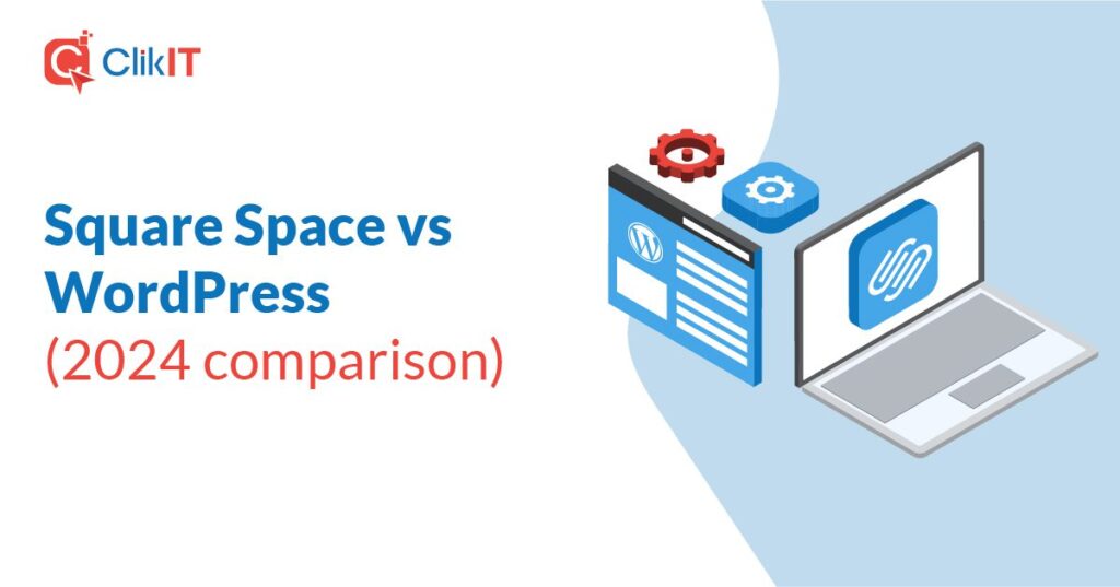 Illustration comparing Square Space and WordPress, featuring laptops and gear icons.