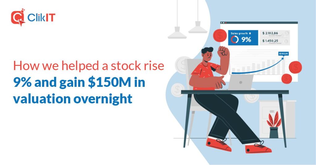 Illustration of a person celebrating stock growth with ClikIT logo and text.