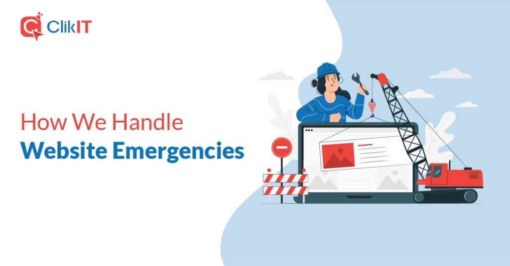 Illustration of a worker fixing a website with ClikIT logo and text.