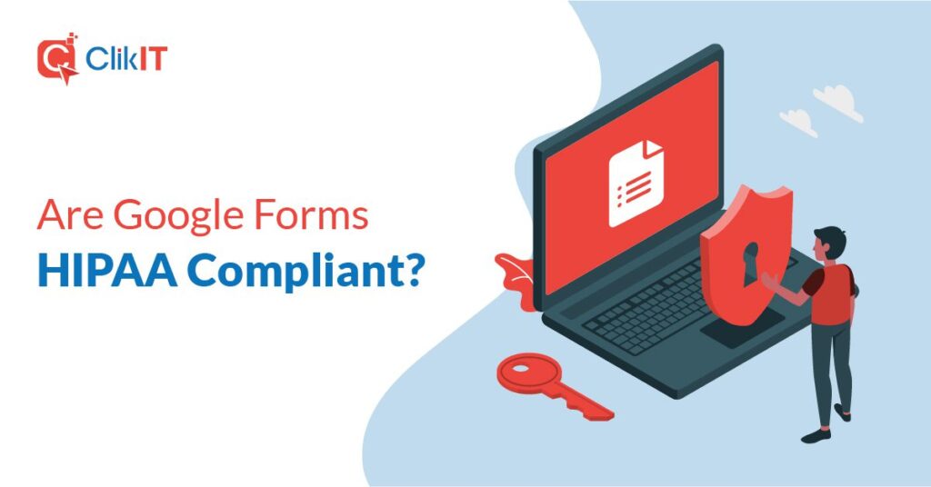 Illustration of person holding shield near laptop, with "Clik IT" logo.