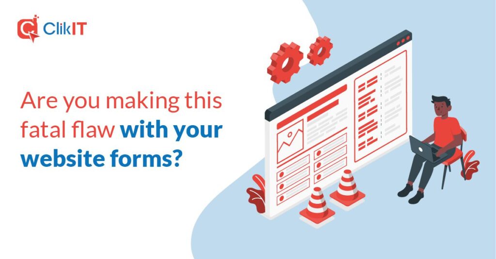 Illustration of person with laptop beside website forms, featuring ClikIT logo.