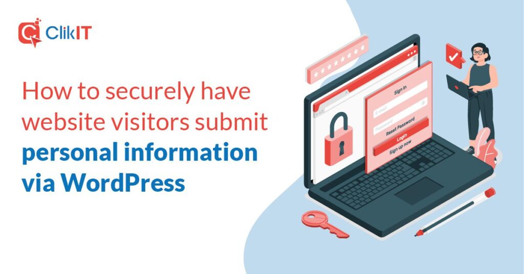 Illustration of secure login on laptop with ClikIT logo and text.