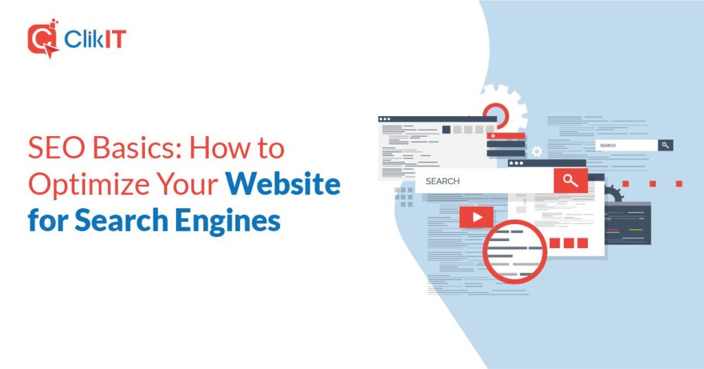 Illustration of SEO basics with ClikIT logo, featuring red and blue text.