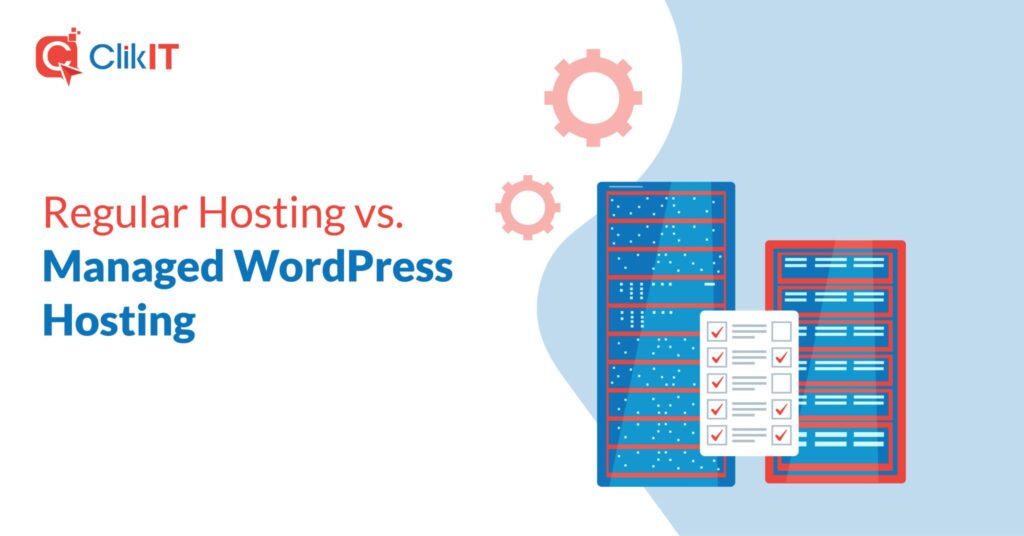 Illustration comparing hosting types with ClikIT logo, blue and red servers.