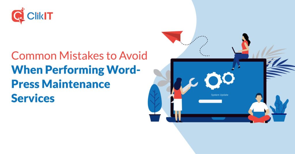 Illustration of people maintaining a computer, featuring ClikIT logo and text.