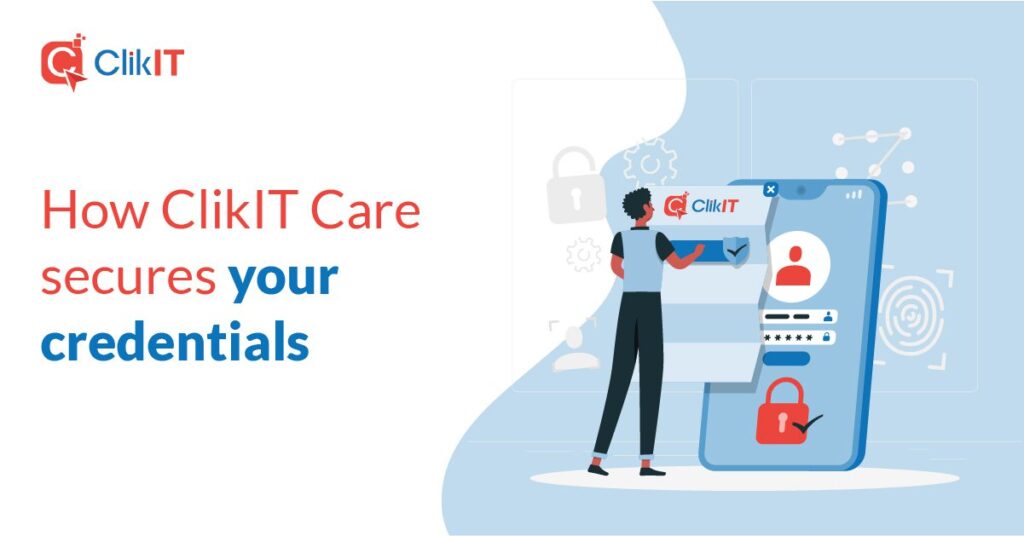 Illustration of person interacting with phone, featuring ClikIT logo and text.