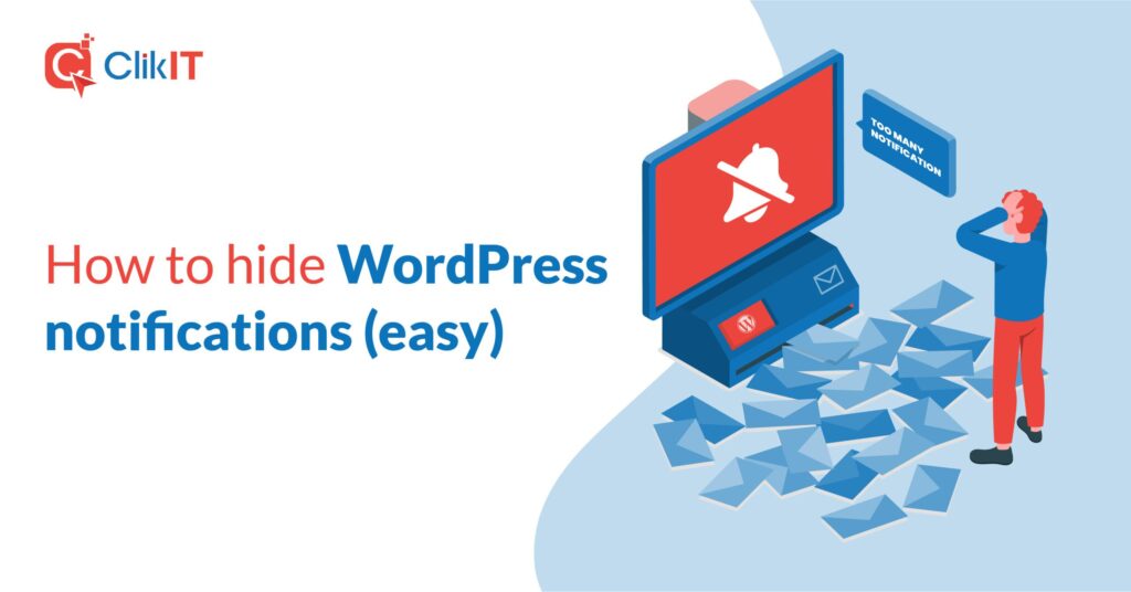 Illustration of person overwhelmed by notifications, featuring ClikIT logo and text.