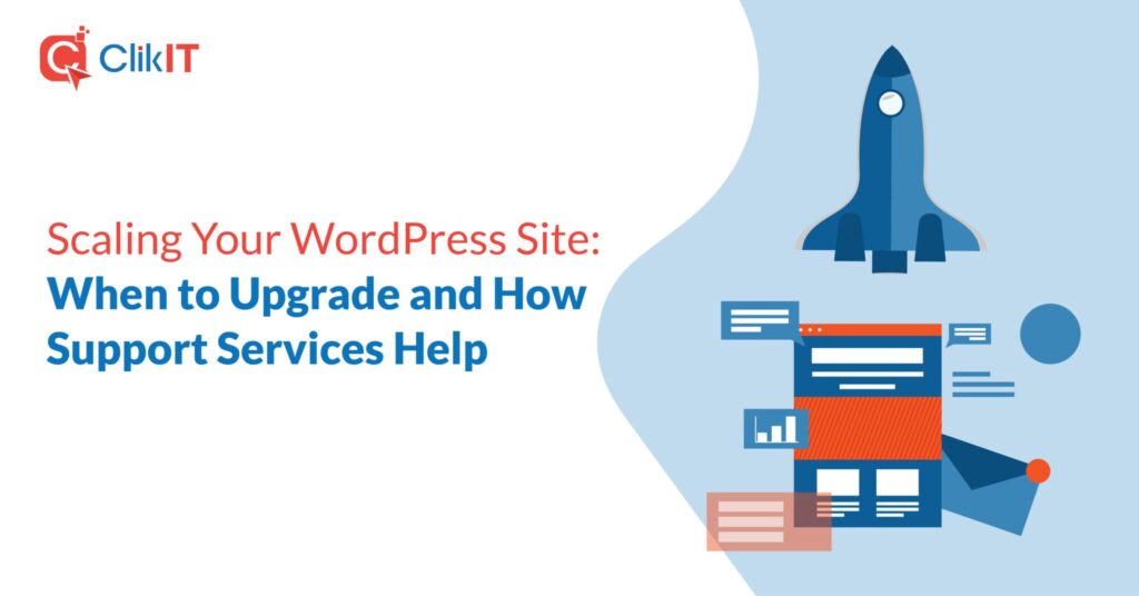 Illustration of rocket and website elements, blue and red, with ClikIT logo.
