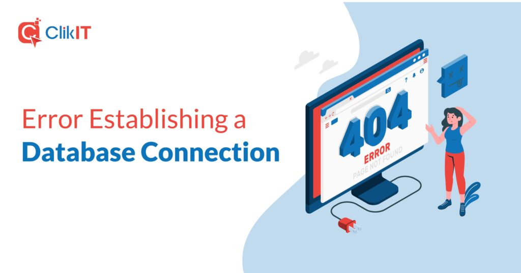 Illustration of woman facing computer showing "404 Error" with ClikIT logo.