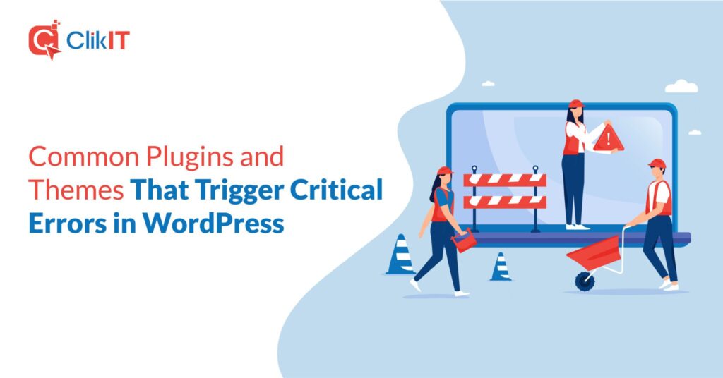 Illustration of workers fixing computer errors with "ClikIT" logo and text.