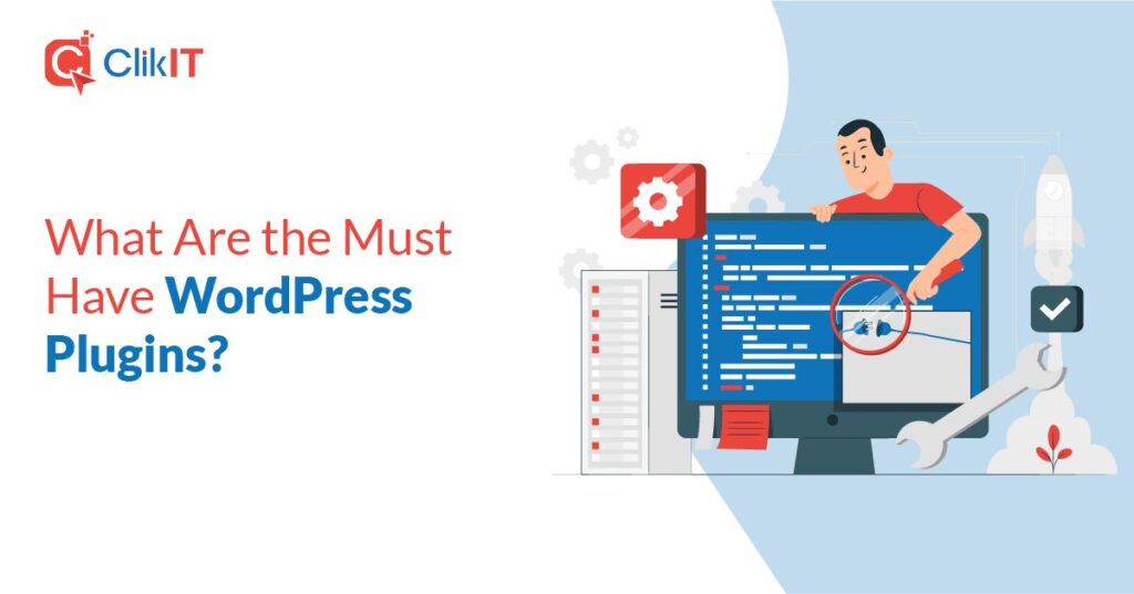 Illustration of a person examining code on a computer screen, ClikIT logo.