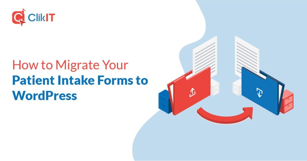 Illustration of file migration with red and blue folders, Clik IT logo.