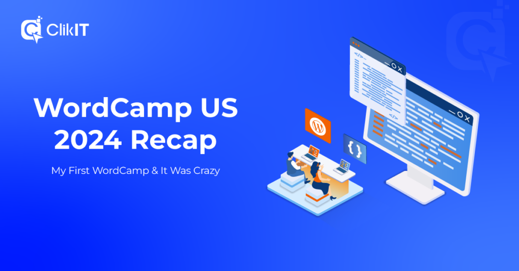 Illustration of two people coding, blue background, "WordCamp US 2024 Recap."