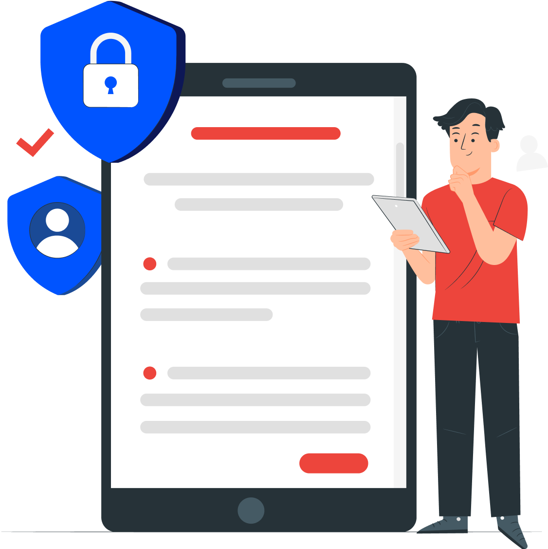 Illustration of a man pondering tablet security with blue lock icons.