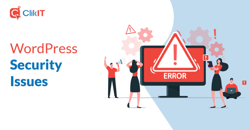 Illustration of people addressing computer error, with "WordPress Security Issues" text.