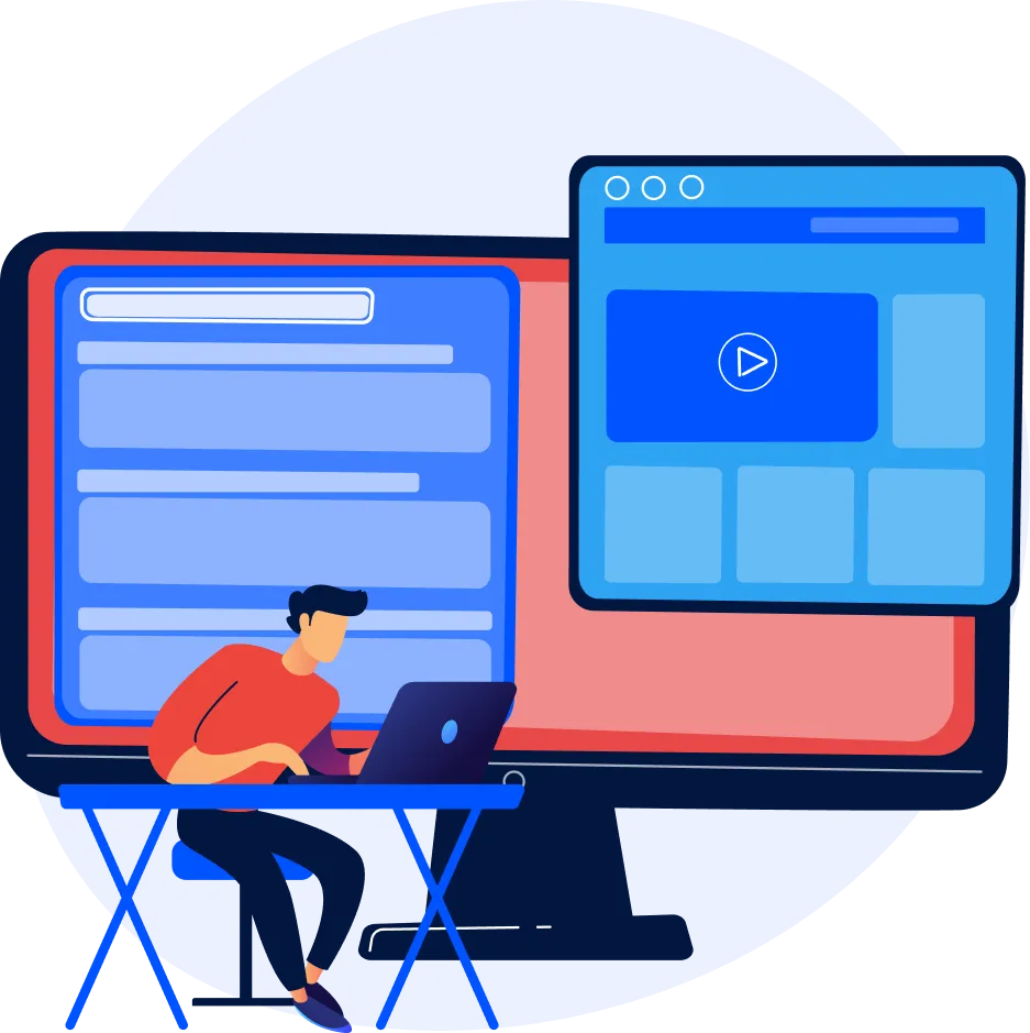 Illustration of person using laptop, with blue and red digital screens.