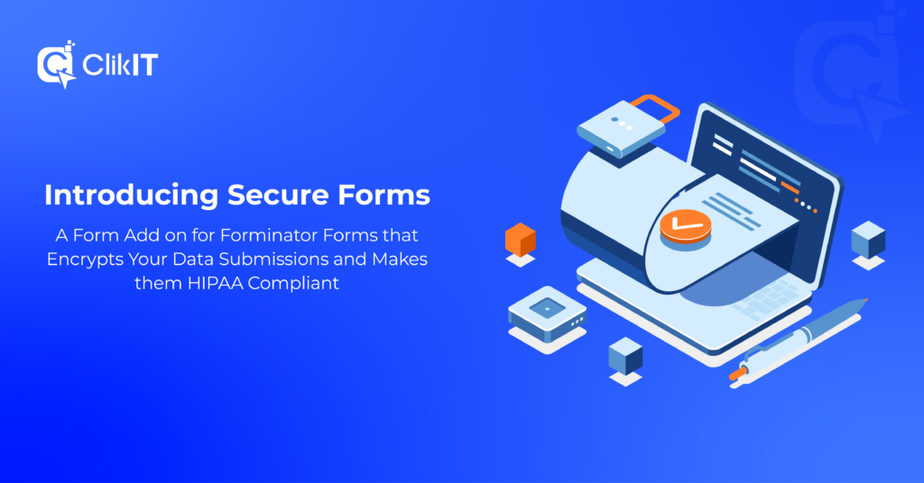 Illustration of secure forms concept with ClikIT logo on blue background.