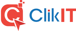 Red and blue "ClikIT" logo with stylized arrow, digital illustration.