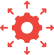 Red gear icon with outward arrows on white background, simple illustration.