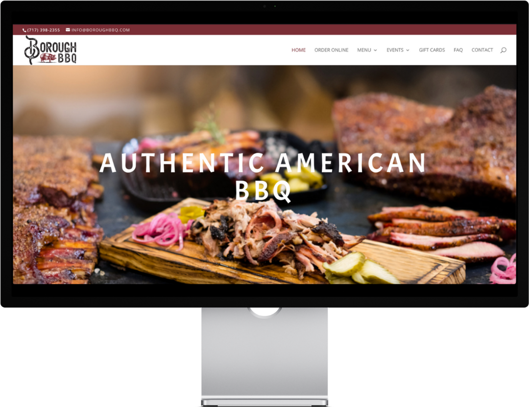 BBQ platter with ribs and pickles, "Authentic American BBQ" text, website screenshot.