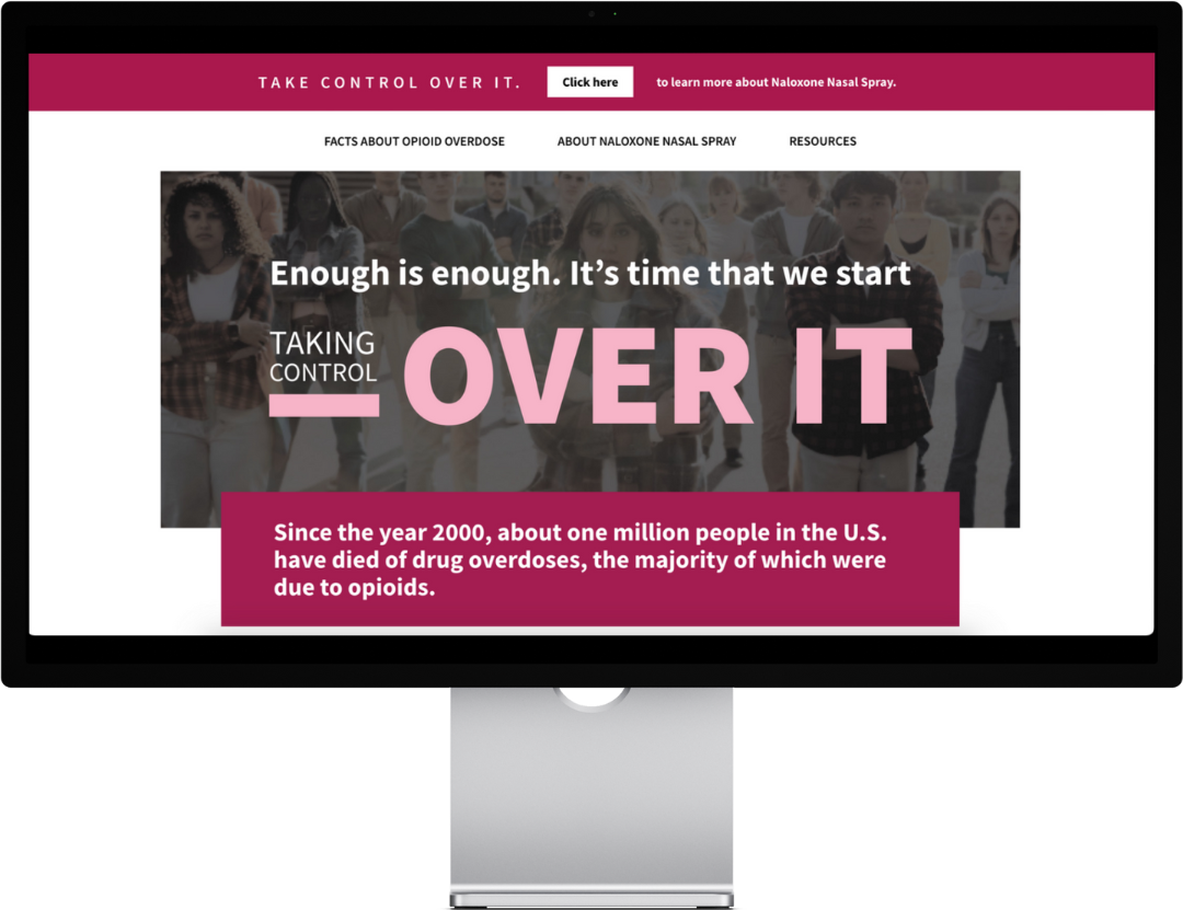 Computer screen displaying opioid awareness webpage with pink and white text.