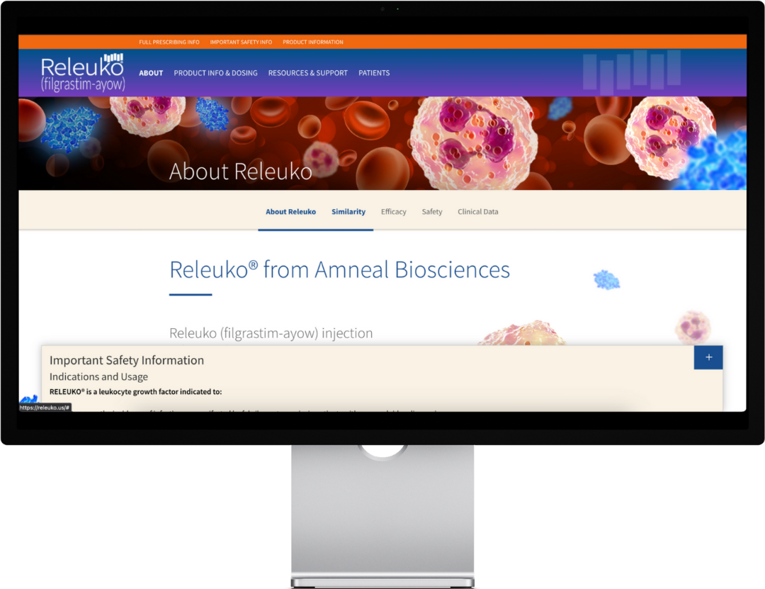 Computer screen displaying Releuko website with colorful cells and informational text.