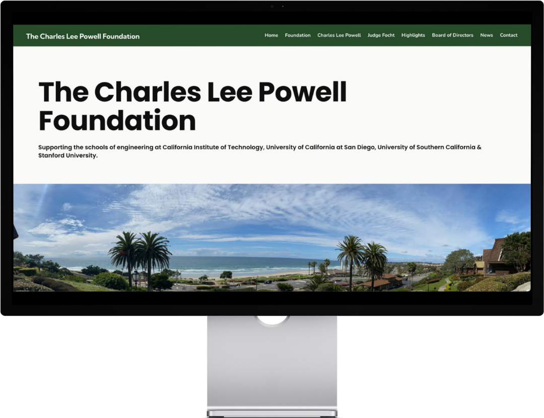 Computer screen displaying The Charles Lee Powell Foundation website with ocean view.