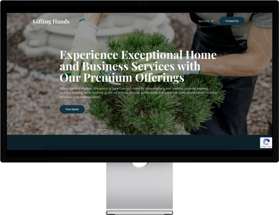 Gardener tending plant, green and white colors, website screenshot, "Gifting Hands" text.