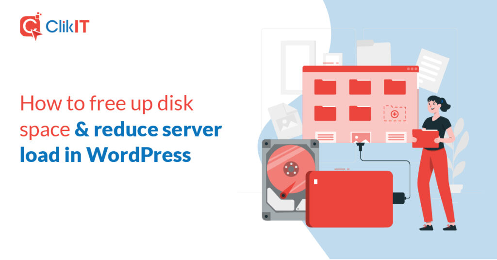 Illustration of a person managing files, with ClikIT logo and text.