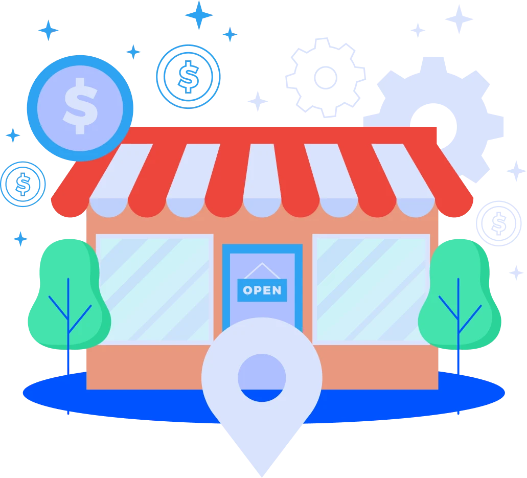 Illustration of a storefront with red awning, "OPEN" sign, and icons.