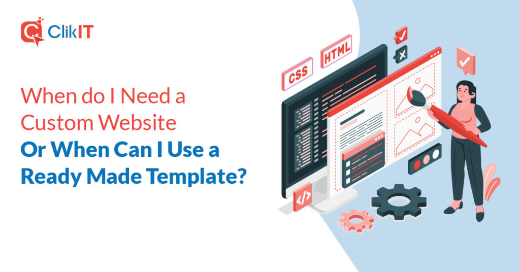 Illustration of a woman designing a website with "ClikIT" logo, colorful text.