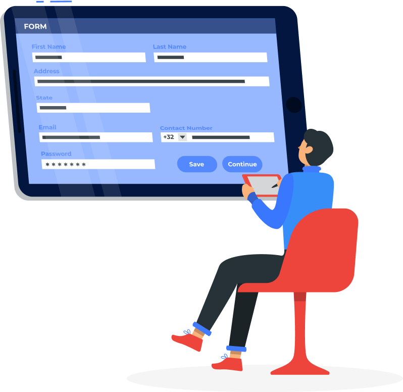 Illustration of person seated, interacting with large blue digital form interface.
