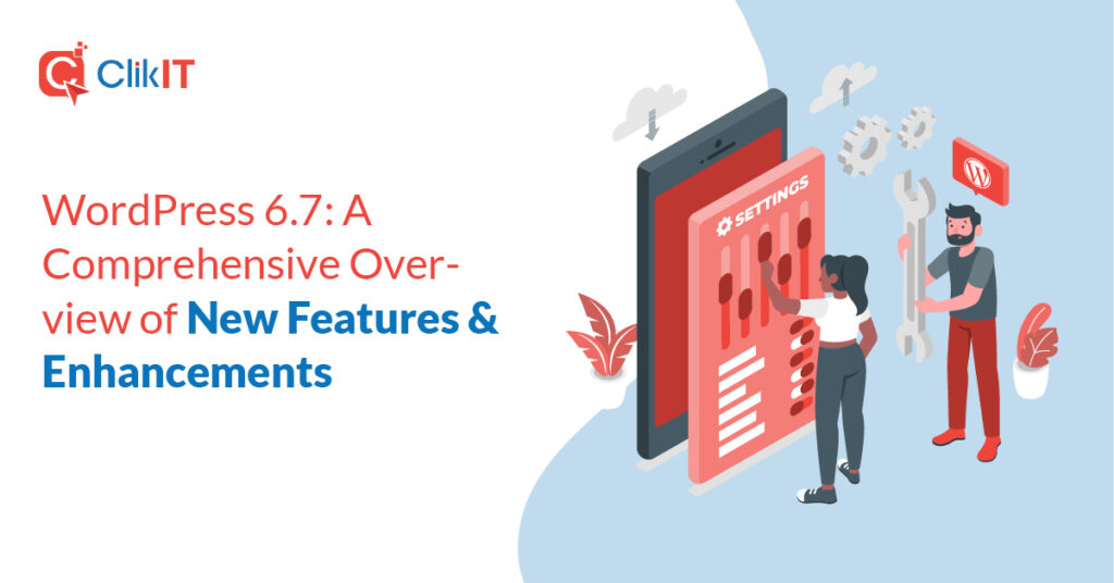 Illustration of two people adjusting settings on a large smartphone, ClikIT logo.