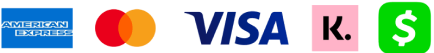 Logos of American Express, Mastercard, Visa, Klarna, Cash App on white background.