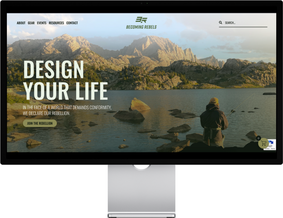 Person fishing in mountain lake, with "Design Your Life" text, website screenshot.