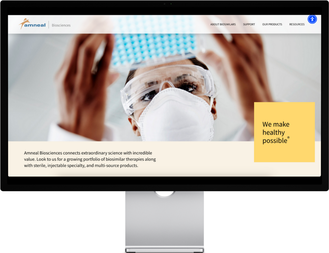 Scientist examining sample, wearing mask, blue and white, website screenshot, "Amneal Biosciences."