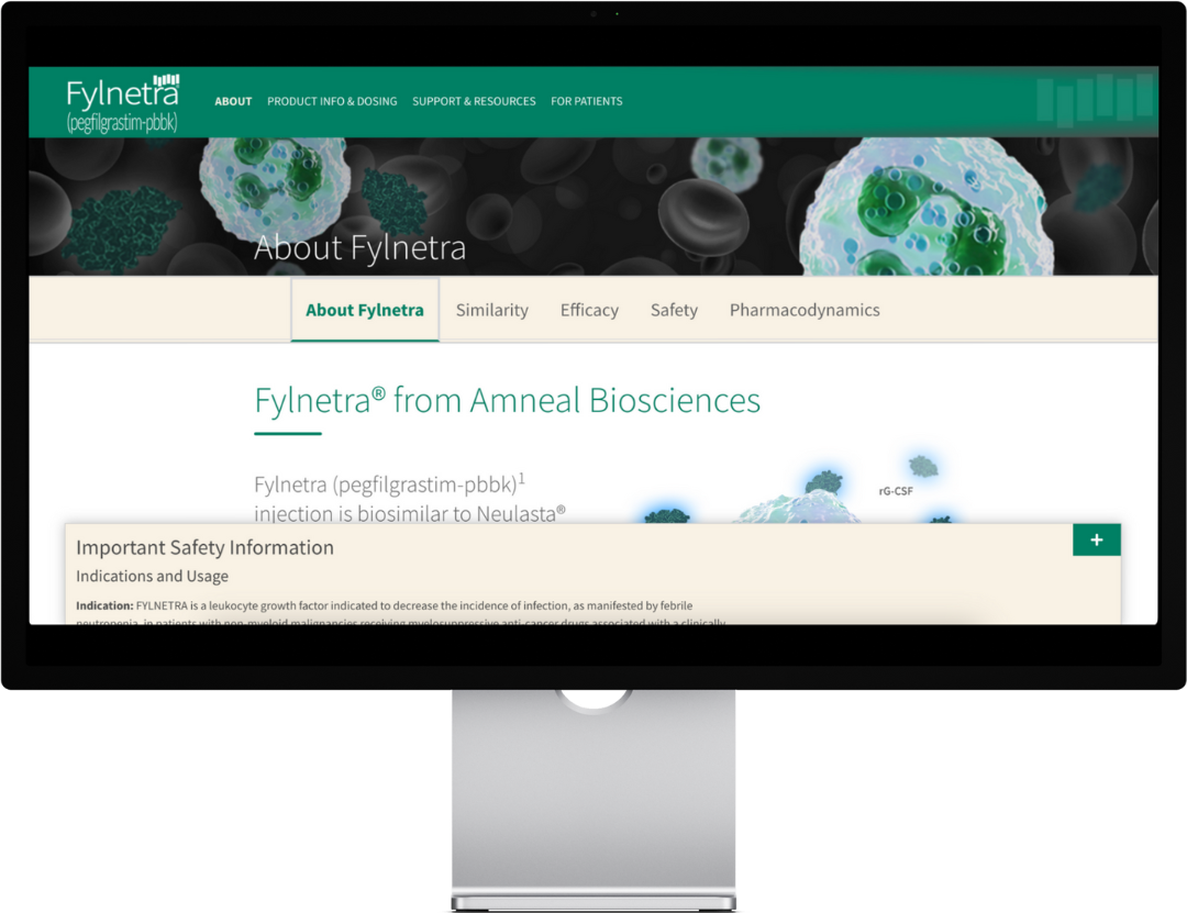 Website screenshot featuring Fylnetra information, green accents, and Amneal Biosciences branding.