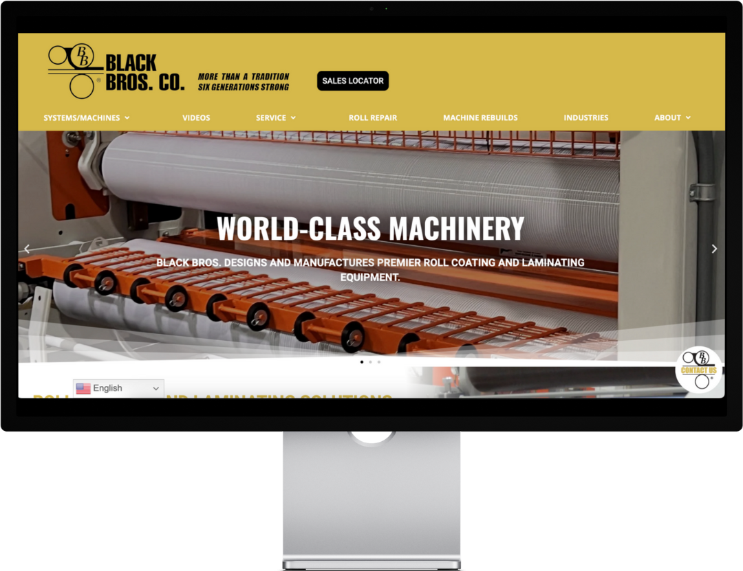 Website screenshot featuring industrial machinery, yellow-black theme, "Black Bros. Co." logo.
