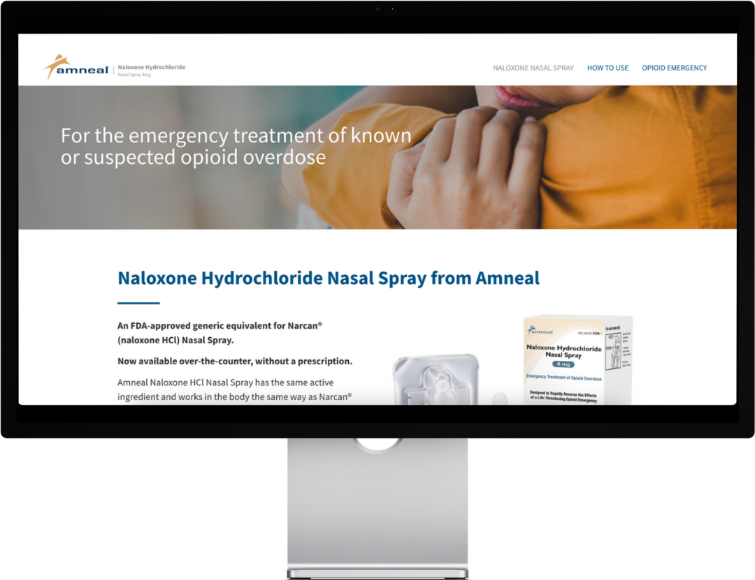 Website screenshot featuring Naloxone Hydrochloride Nasal Spray from Amneal, with product image.
