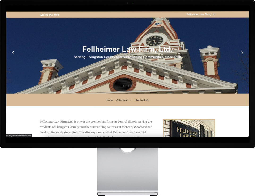 Website screenshot of Fellheimer Law Firm, Ltd. with building and contact details.