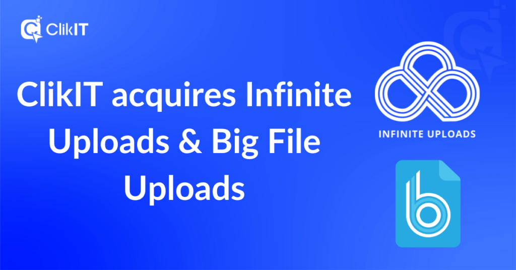 Blue graphic with ClikIT acquisition announcement, featuring logos and white text.