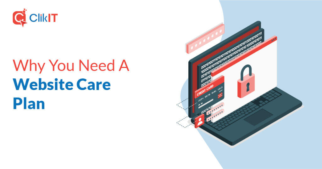 Illustration of laptop with lock, red and blue text, Clik IT logo.