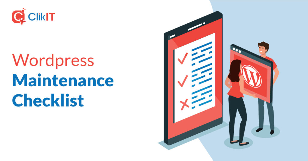 Illustration of two people holding screens with checklists and WordPress logo.