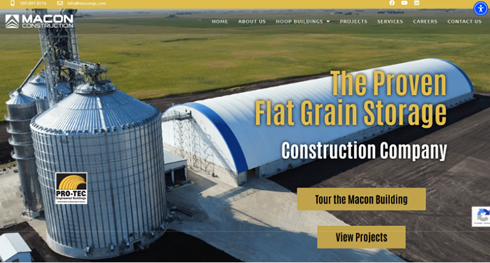 Aerial photo of grain storage with blue roofs, featuring "Macon Construction" logo.